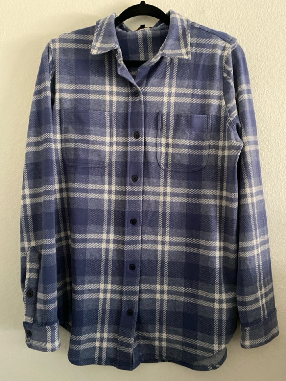 Quince Shirt Top jacket Plaid Blue Stretch Knit